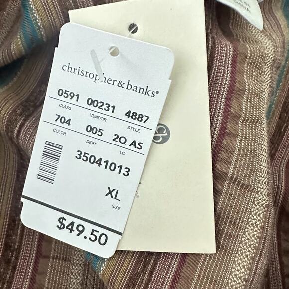 Christopher Banks Womens XL Brown Striped Ruffle Button Top Boho Earthy Office - Picture 6 of 9